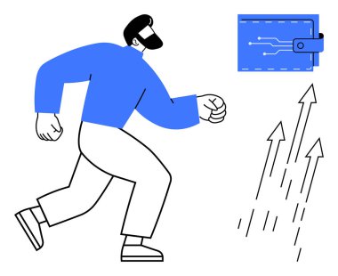 Mikroçip desenli ve yukarı bakan okları olan dijital bir cüzdana doğru yürüyen biri. Finans, teknoloji, yenilik, fintech, ilerleme, yatırım, kişisel büyüme için idealdir. Basit düz