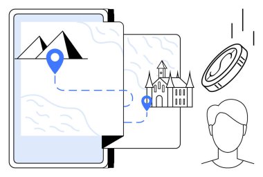 Tablet, dağları ve kaleyi birbirine bağlayan yolu gösteren bir harita gösteriyor. Konum iğneleri, para ve insan figürü. Seyahat, seyrüsefer, turizm, planlama amaçlı keşif ekonomisi için idealdir. Basit düz