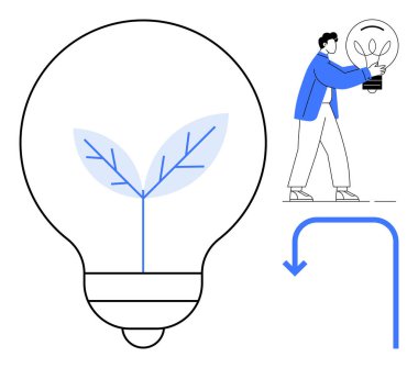 Büyüyen bitkiyi sembolize eden ampul yeşil enerji, sürdürülebilirlik, çevre dostu çözümler, yenilik, yenilenebilir enerji. Ampul taşıyan bir adam. Enerji, eko-ticaret ve çevre büyümesi için ideal