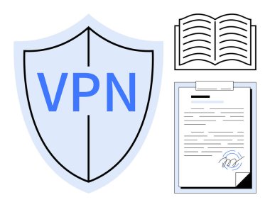 Kalkan, imzalı dijital belge ve açık kitabın yanına VPN etiketli. Siber güvenlik, gizlilik, veri koruması, dijital sözleşmeler, uyum, yönetmelikler, eğitim, basit düz metafor