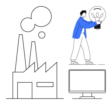 Baca yayan fabrika, büyük ampul tutan insan ve bilgisayar monitörü. Endüstriyel yenilik, sürdürülebilirlik, yeşil enerji, yaratıcılık, teknoloji, dijital