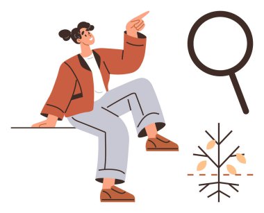 Kendinden emin bir kadın oturuyor, yukarıya bakıyor, büyüteçle ve minimalist ağaç büyüme sembolüyle. Keşif için ideal, büyüme, araştırma, keşif, ilham, eğitim için basit düz metafor