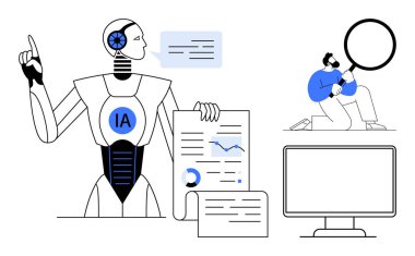 Robot, Yapay Zeka 'yı analiz ediyor ve belgeleri grafiklerle sunuyor, sohbet baloncuklarıyla. Araştırmacı bilgisayar monitörüne karşı büyüteç kullanıyor. Teknoloji için ideal, yapay zeka, yenilik, araştırma