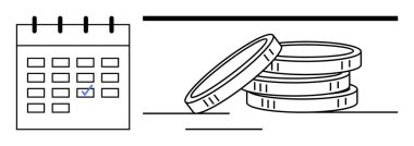 İşaretli bir takvim tarihinin yanındaki bozuk para yığını planlama, zaman yönetimi ve bütçe düzenlemesini vurguluyor. Finans, ödeme tarihleri, tasarruflar, yatırımlar, iş planlaması, ekonomik büyüme için ideal