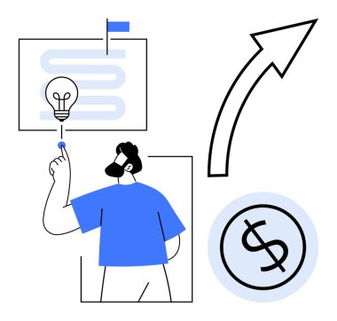 Adam ampulü ve strateji yolunu işaret ediyor, para ve yukarı doğru ok büyümeyi sembolize ediyor. Girişimcilik, yenilik, liderlik, başarı, yatırım, strateji için ideal