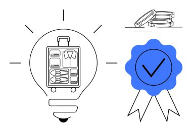 İçinde bavul olan ampul, bozuk para yığını ve mavi işaret kurdelesi. Seyahat, yenilik, organizasyon, sertifika, verimlilik tasarrufu yaratıcı kavramlar için idealdir. Şık