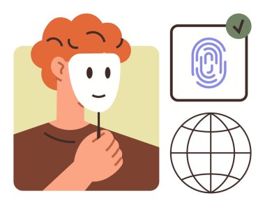 Parmak izi ikonu ve küreyle birlikte bir maske tutan kişi kimlik, güvenlik ve dijital gizliliği temsil ediyor. Siber güvenlik, çevrimiçi kimlik, dolandırıcılık önleme, anonimlik, mahremiyet için ideal