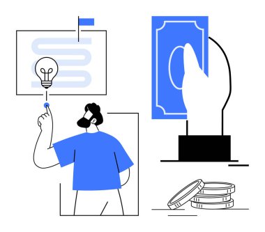 Strateji tahtasında ampul fikrini harekete geçiren adam para sunuyor ve yığınla bozuk para. Yenilik, mali planlama, yatırım, strateji, girişimcilik, finansman ilerlemesi için ideal