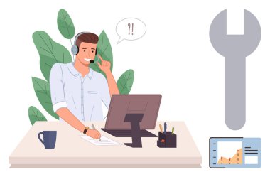 Masaüstünde çalışan kulaklıklı bir adam sorulara cevap veriyor. Aletleri, büyüme tablosunu içerir. Müşteri hizmetleri, destek, teknik yardım, takım çalışması, iş çözümleri iletişimi için ideal basit düz