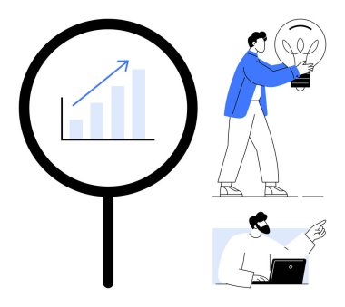 Büyüteç, büyüme grafiğine odaklanmış, elinde ampul tutan kişi ve dizüstü bilgisayarda profesyonel. Yenilik, takım çalışması, analitik, araştırma, iş stratejisi, ilerleme ve yaratıcılık için ideal