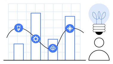 Mevsimsel simgeleri takip eden çubuk grafik, yenilikçi düşünceyi sembolize eden ampul. Analiz, yaratıcılık, strateji, tahmin, yenilik, eğitim sektörü gelişimi için ideal. Basit.
