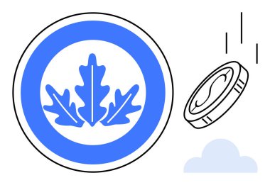 Parasal para sembolik bir mavi yaprak çemberinin ve bulutun yanına düşüyor. Finans, sürdürülebilirlik, tasarruf, eko-dostluk, yatırımlar, doğa koruma ve para büyümesi için ideal. Basit düz