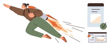 Tutku ve verimliliği simgeleyen jetpack ile uçan kişi, veri, hedef ve başarıları temsil eden raporlar ve grafiklerle birlikte. Yenilik, üretkenlik ve iş büyümesi için ideal