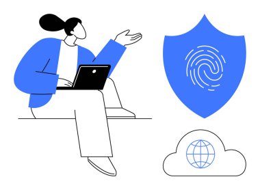 Kadın dizüstü bilgisayar kullanıyor, parmak izi ve küresel bağlantılı bulut ile kalkana doğru hareket ediyor. Siber güvenlik, dijital gizlilik, teknoloji, çevrimiçi erişim, uzaktan çalışma, sanal veri, bulut için ideal