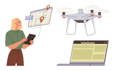 Elinde bir tablet, kuadkopteri kontrol eden bir kadın konum şifreli bir harita ve bilgisayar ekranı olan bir kadın. Teknoloji, navigasyon, yenilik, lojistik, iletişim dağıtım otomasyonu için ideal. Basit.