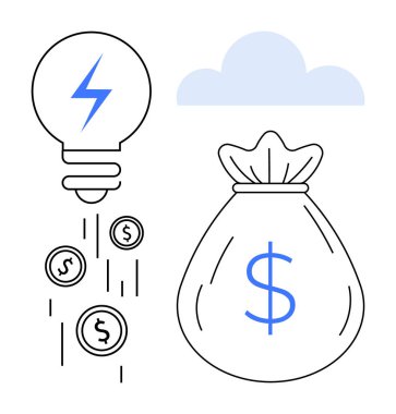 Ampul, bulutun altındaki bir para çantasının yanına yıldırımlarla bozuk para bırakıyor. Enerji, yenilik, yaratıcılık, yatırım, finans, sürdürülebilirlik ve kâr için idealdir. Basit düz metafor