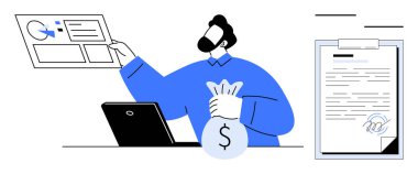 Dijital mali verileri inceleyen, elinde para çantası tutan ve yanında imzası olan bir dizüstü bilgisayarın başında oturan bir adam. Finans, analiz, yatırım, iş başarısı, sözleşmeler, anlaşma için ideal