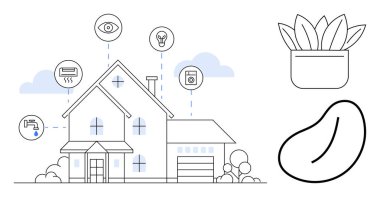 Modern ev, akıllı cihazlar, su musluğu, klima, çamaşır makinesi ile bağlantılı. Teknoloji için ideal, enerji tasarrufu, eko-yaşam, ev otomasyonu, tek yenilik basit düz metafor