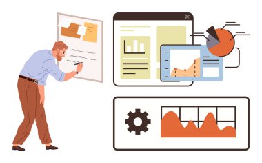 Veri grafikleri, pasta grafiği ve analitik arayüzün yanına yazı yazan adam. İş stratejisi, proje yönetimi, veri analizi, performans izleme, iş akışı optimizasyonu için ideal