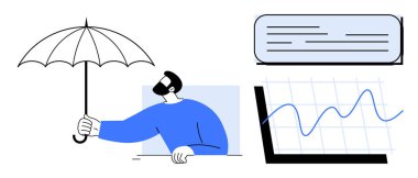 Şemsiyeyi elinde tutan kişi, metin bloğu ve büyüme grafiğinin yanında koruyucu bir jest olarak duruyor. İş, strateji, veri koruması, finans, risk yönetimi, sigorta, güvenlik için ideal, basit düz metafor