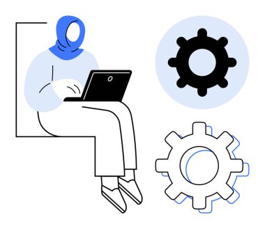 Dizüstü bilgisayarlı tesettürlü kadın, yanında büyük dişli elementler var. Üretkenlik, yenilik, teknoloji, takım çalışması, uzaktan çalışma, verimlilik ve çok kültürlü temsil için idealdir. Minimalist