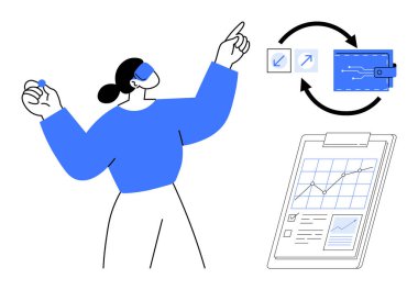 Dijital cüzdan ve finansal strateji simgelerine bakan bir kadın. İş, finans, teknoloji, yenilik, planlama, analitik ve fintech temaları için idealdir. Basit.