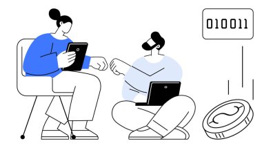 Şifreli para değişimi, ikili kod ve dijital işlemlerde işbirliği yapan iki kişi. Fintech, takım çalışması, yenilik, blok zinciri, dijital ekonomi ve işbirliği için ideal