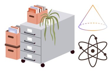 Çekmeceleri, kitapları ve matematik konisi diyagramı ve atomik yapı modelinin yanında bir bitkiyle birlikte dosya dolabı. Eğitim, bilim, matematik, fizik, araştırma organizasyonu ve STEM için ideal. Basit.