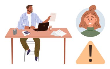 Adam masadaki belgeleri dizüstü bilgisayarla analiz ediyor, kadının profil resmi, uyarı üçgeni simgesi. İşe alım süreci, iş başvuruları, dolandırıcılık uyarıları, siber güvenlik, verimlilik için ideal