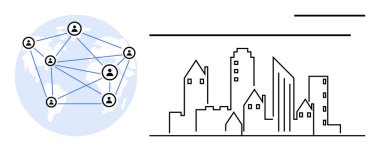 İnsanlar, modern ve geleneksel binalarla bir şehir siluetinin yanında küresel ölçekte birbirlerine bağlandılar. İletişim, teknoloji, kentsel planlama, takım çalışması, küresel işbirliği, ağ için ideal