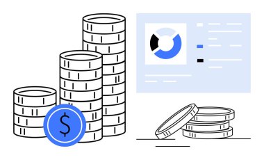 Analiz ve büyüme ölçümlerini vurgulayan bir veri tablosunun yanında yığınla bozuk para. Finans, yatırım, bütçe, başarı, yönetim, veri analizi, zenginlik kavramları için idealdir. Basit düz metafor