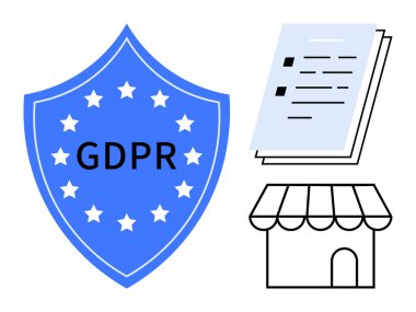 GDPR etiketli mavi kalkan, istiflenmiş belgeler ve küçük mağaza önü. Veri gizliliği, yönetmelik, iş uyumu, politika, veri güvenliği online iş hukuku koruması için idealdir. Basit.