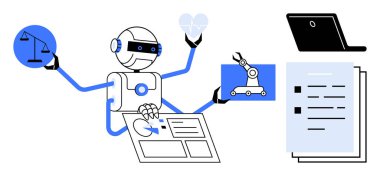 Denge ölçeği, bilgisayar ekranı, robot kolu, dokümanları ve analitik çizelgeleri olan robotlar. Teknoloji, yapay zeka, robotik yenilik otomasyon iş akışı fütüristik tasarımlar için idealdir. Basit.