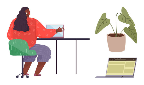 Woman seated on chair using tablet at desk, potted plant on side. Open laptop with webpage visible. Ideal for remote work, technology, productivity, balance, lifestyle, workspace simple flat