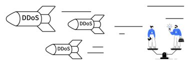 DDoS etiketli füzeler, siber saldırılara karşı savunmayı sembolize ederek, bir ölçek dengeleme konusunda işbirliği yapmayı amaçlıyordu. Siber güvenlik için ideal, çevrimiçi tehditler, bilişim savunması, takım çalışması, denge, risk