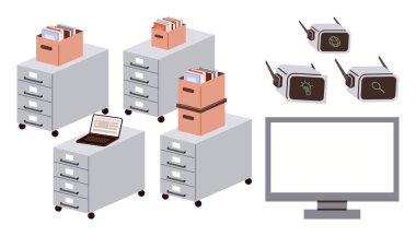 Ofis dokümanları, dizüstü bilgisayarı, güvenlik kameraları ve boş bir monitör ekranı. Ofis organizasyonu, güvenlik, arşivleme, dijital veriler, izleme çalışma alanları için ideal