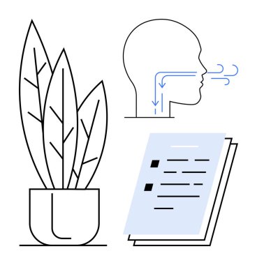 Kapalı saksı bitkisi, hava akışı oklu insan kafası ve belge kontrol listesi. Sağlık, çevre, sağlıklı yaşam tarzı, rahatlama, verimlilik farkındalığı eğitimi için idealdir. Basit düz metafor