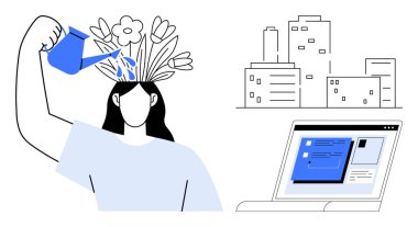 Çiçek yetiştirmek için başına su döken bir kadın, açık web sayfası olan bir laptop, kentsel binalar. Kişisel gelişim için ideal, dijital araçlar, yaratıcılık, eğitim, motivasyon, yenilik basit düz metafor