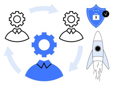 Dişlilere sahip üç figür, çalışma akışını gösteren oklar, güvenlik için bir kalkan ikonu ve yenilik için bir fırlatma roketi eşliğinde takım çalışması ve süreci temsil ediyor. Takım çalışması ve güvenlik için ideal