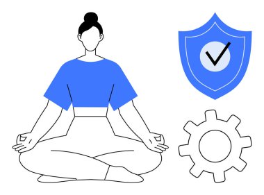 Lotus 'ta oturan kadın, kalkan ve teçhizatla farkındalık egzersizi yapıyor. Sağlık, meditasyon, denge, güvenlik, akıl sağlığı, kendine bakım, operasyonel istikrar, basit düz metafor