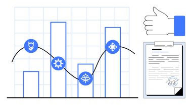 Mevsimsel simge izleme eğilimlerine sahip bar grafiği, imzalı belge panosu, onay veren baş parmak hareketi. Veri analizi, iş eğilimleri, onaylar, raporlama, mevsimler için ideal