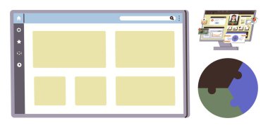 Boş içerik blokları olan tarayıcı, etkileşimli çalışma alanını gösteren monitör, küresel yapboz parçası. Takım çalışması, iş akışı, ağ oluşturma, planlama, eğitim, proje yönetimi için ideal basit bir daire