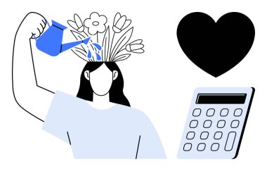 Bir insan, kafasından çiçek açan bir çiçeği hesap makinesi ve kalbin yanında sulayarak büyümeyi, yaratıcılığı, mantığı ve duygusal refahı sembolize eder. Kişisel gelişim için ideal, farkındalık, zihinsel