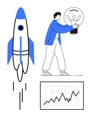 Roket fırlatma, elinde büyük bir ampul ve büyüme grafiği tutan bir adam. Yenilik, girişim, girişimcilik, büyüme, yaratıcılık, iş başarısı problem çözme için idealdir. Basit düz metafor