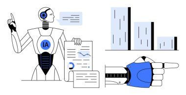 Yapay zeka etiketli robot veri tabloları tutuyor, performans eğilimlerini analiz ediyor. Çubuk grafiği ve işaret eden robot eli içerir. Yenilik, teknoloji, iş analizi ve yapay zeka için ideal.