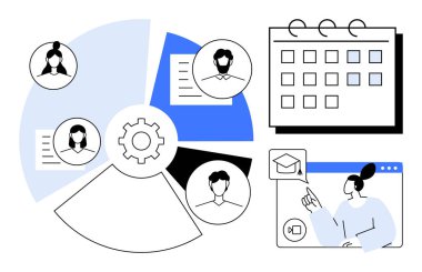 Takım avatarları, bir vites simgesi, takvim ve sanal öğrenme oturumuyla birlikte turta grafiği. Takım çalışması, takvim, proje planlaması, işbirliği, çevrimiçi eğitim iş akışı optimizasyonu için idealdir