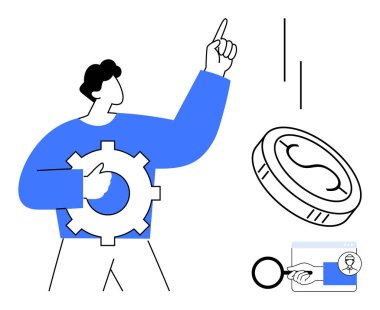 Dişliyi yukarı doğru tutan bir adam, yenilik ve büyüme öneriyor. Madeni para finansmanı simgeler ve profil üzerindeki büyüteç arama, ağ oluşturma ve analizi simgeler. İş için ideal