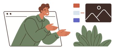 Tarayıcı penceresinden görünen adam renk kodlu detaylar ve çalı ile dijital görüntü düzenine işaret ediyor. Takım çalışması, yaratıcılık, çevrimiçi sunum, iletişim, eğitim, görsel planlama için ideal