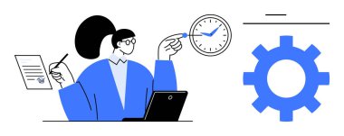 Mavi ceketli kadın elinde kalem ve yanında dişli simgesiyle saate uzanıyor. Zaman yönetimini simgeliyor. Üretkenlik, iş, organizasyon, verimlilik, planlama, iş, takım çalışması için ideal