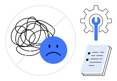 Karışık çizgilerin yanında üzgün yüz, problem çözme konsepti için çizilmiş. İngiliz anahtarı ve kontrol listesi olan bitişik teçhizat çözüm öneriyor. Planlama, ilerleme süreci, netlik ve problem çözme için ideal